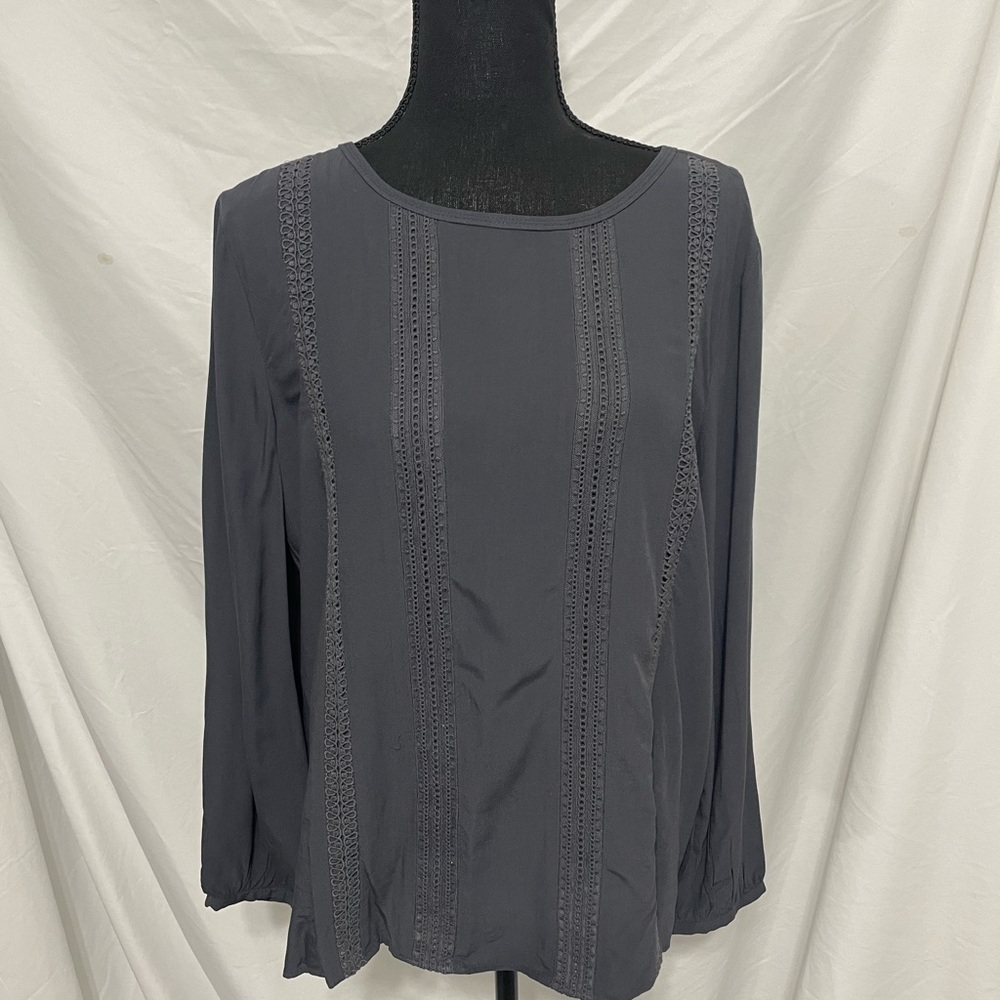 LOFT charcoal grey long-sleeved blouse Embroidered eyelet lace New. Size M.